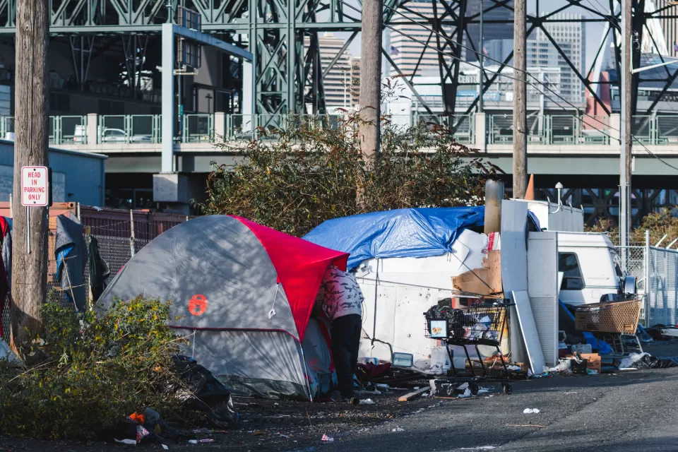 Tents put up by unhoused people outside of Seattle's baseball stadium